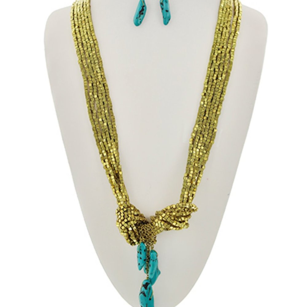 BURNISHED GOLD & GREEN MULTI STRAND Y NECK SET